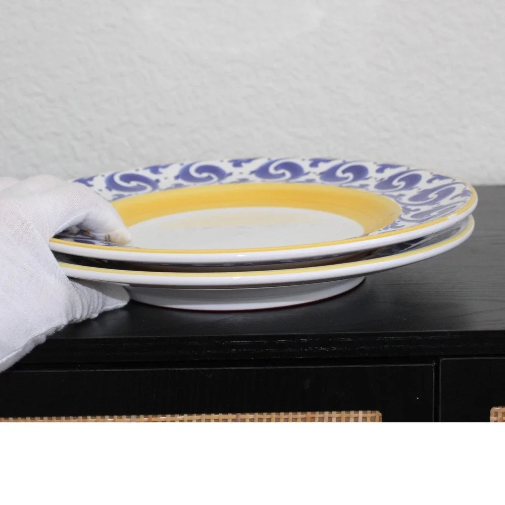 Herend Hungary Village Pottery Blue Scroll Yellow 11 Inch Dinner Plates Set - Picture 2 of 10